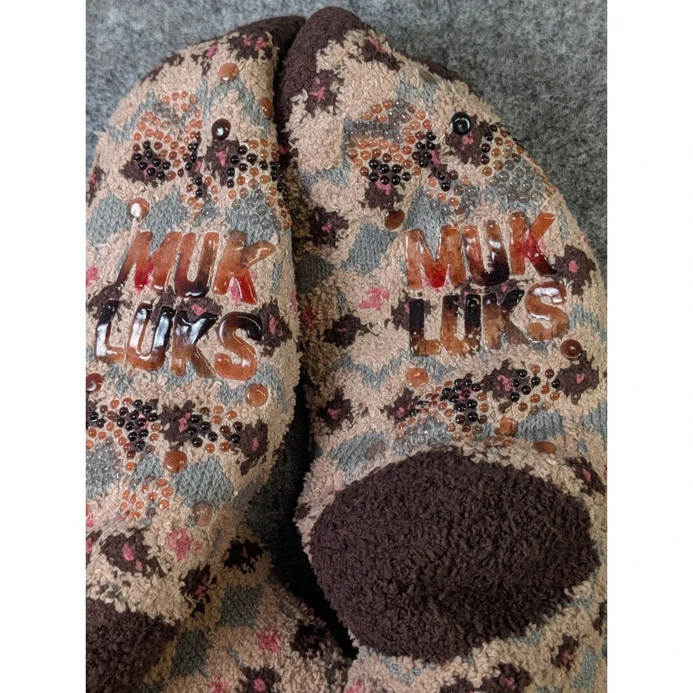 Muk Luks Aloe Infused Slipper Socks Faux Fur Lined Non Skid Tan Pink S/M 6-8